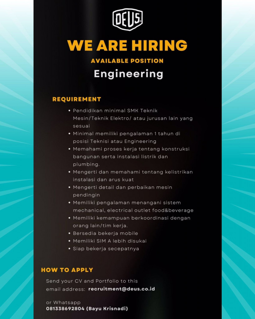 info loker dari DEUS EX MACHINA untuk kualifikasi dan persyaratan yuk cek postingan di atas Sobat Perinaker.